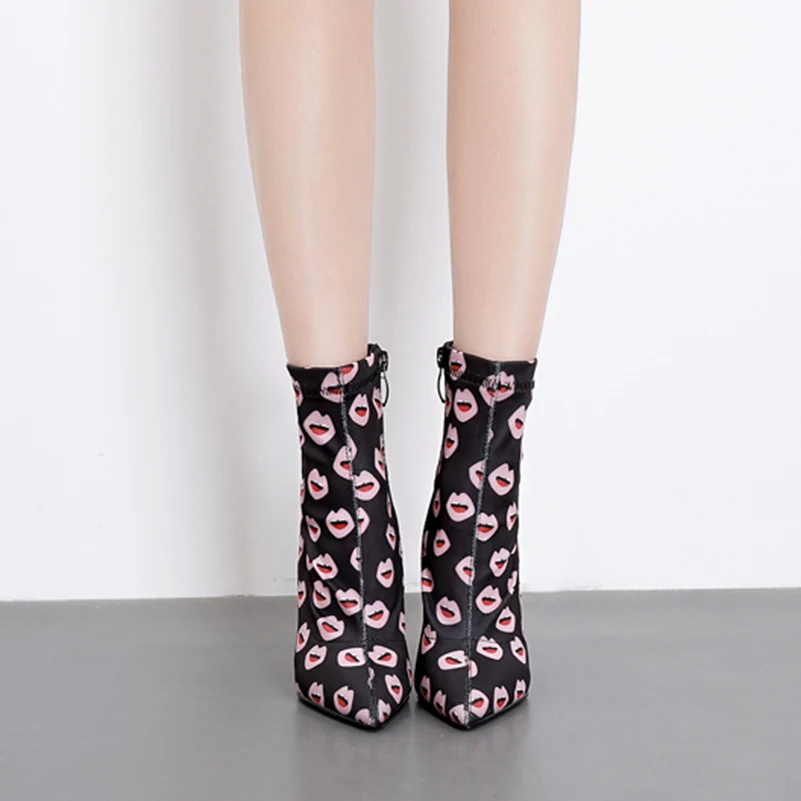 

2018 new stretch fabric Lycra pointed side zipper ankle boots women's fashion pattern thin high heels boots shoes size 34-43
