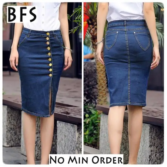 Midi Skirt Bodycon Dark Blue Jean Front Buttons Side High Slit Pencil ...