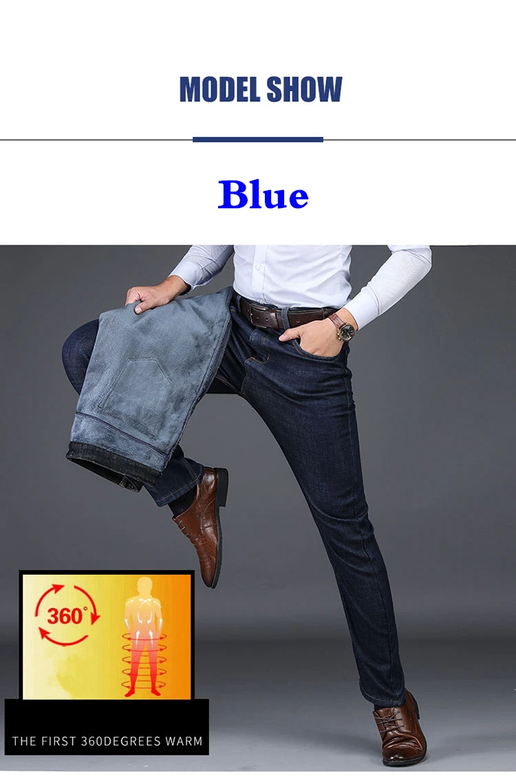 Зимние Утепленные флисовые Брендовые мужские джинсы из хлопка толстые классические деловые прямые теплые джинсы черные синие мужские