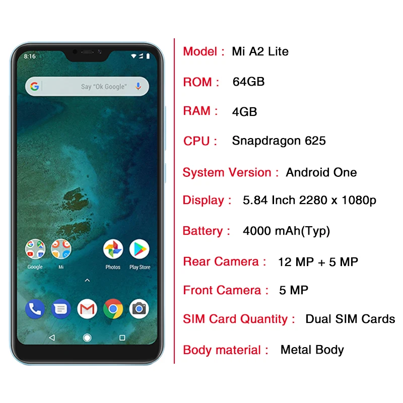 В наличии Глобальный Версия Сяо mi A2 Lite 4 GB 64 Snapdragon 625 Octa Core 5 84 &quot19:9 полный Экран