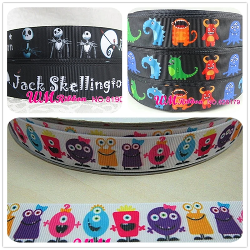 

Q&N ribbon 7/8inch 22mm OEM Cute Cartoon monster Printed grosgrain ribbon 50yds/roll free shipping for hair bows headband