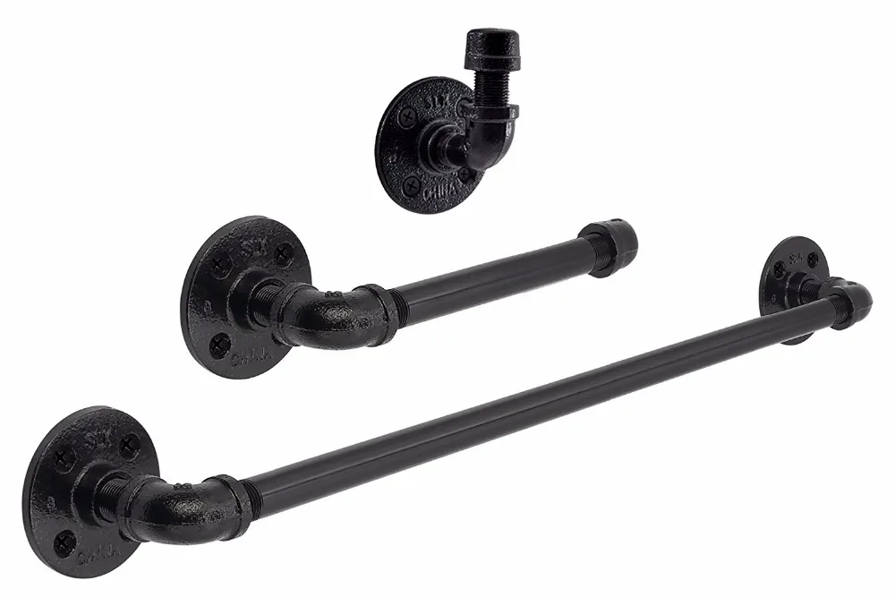 

Industrial Pipe Bath Accessory Sets Wall Pipe Shelf Kits Bathroom Hardware Black Towel Rack Paper Holder Wall Hook Set of 3pcs