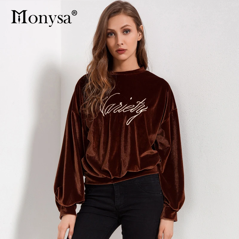 

Letter Embroidery Sweatshirts Women Spring 2018 New Arrival Velvet Sweatshirt Lantern Long Sleeve Casual Loose Sweatshirt Woman