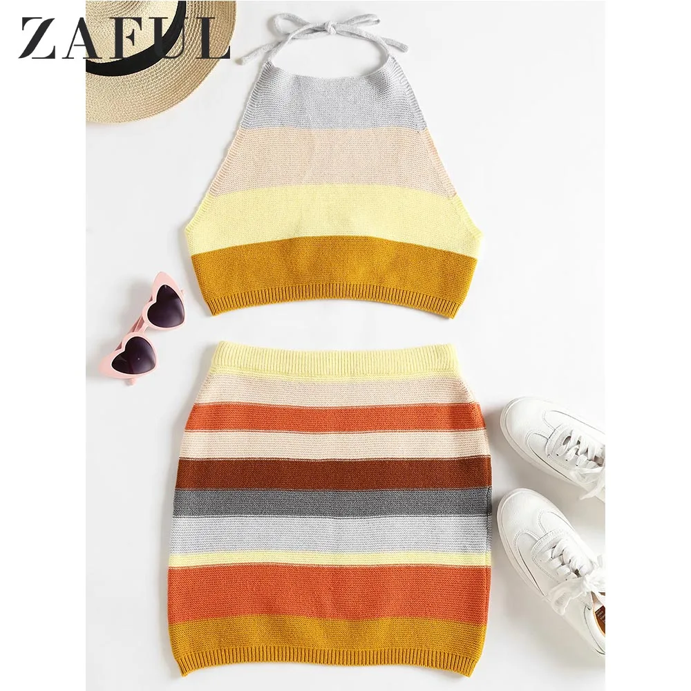 ZAFUL женские комплекты Полосатый трикотажный топ и юбка без рукавов с коротким