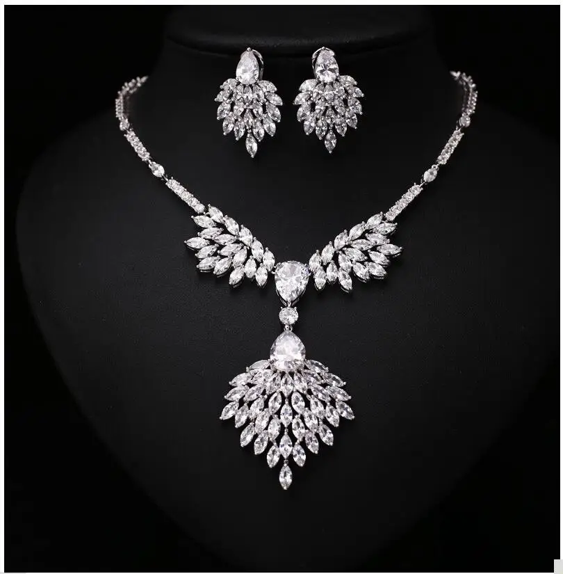 Classic Bridal Necklace Earring Sets Cluster Marquise Cubic Zircon