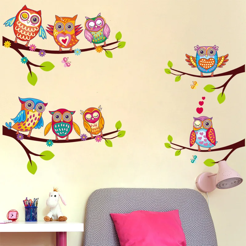 Colorful Owls Cartoon Wall Stickers Owls on The Tree Children Room Home