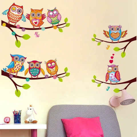 Owls Cartoon Wall Stickers Owls on The Tree Children Room Home Decor Wall Decals Wall Stickers for Kids Rooms Removable