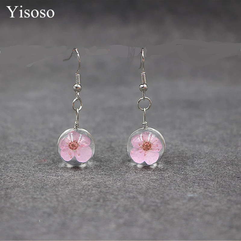

Yisoso new DIY Handmade Dried flowers transparent glass crystal ball square drill earrings Real Plant Dangle earrings for women