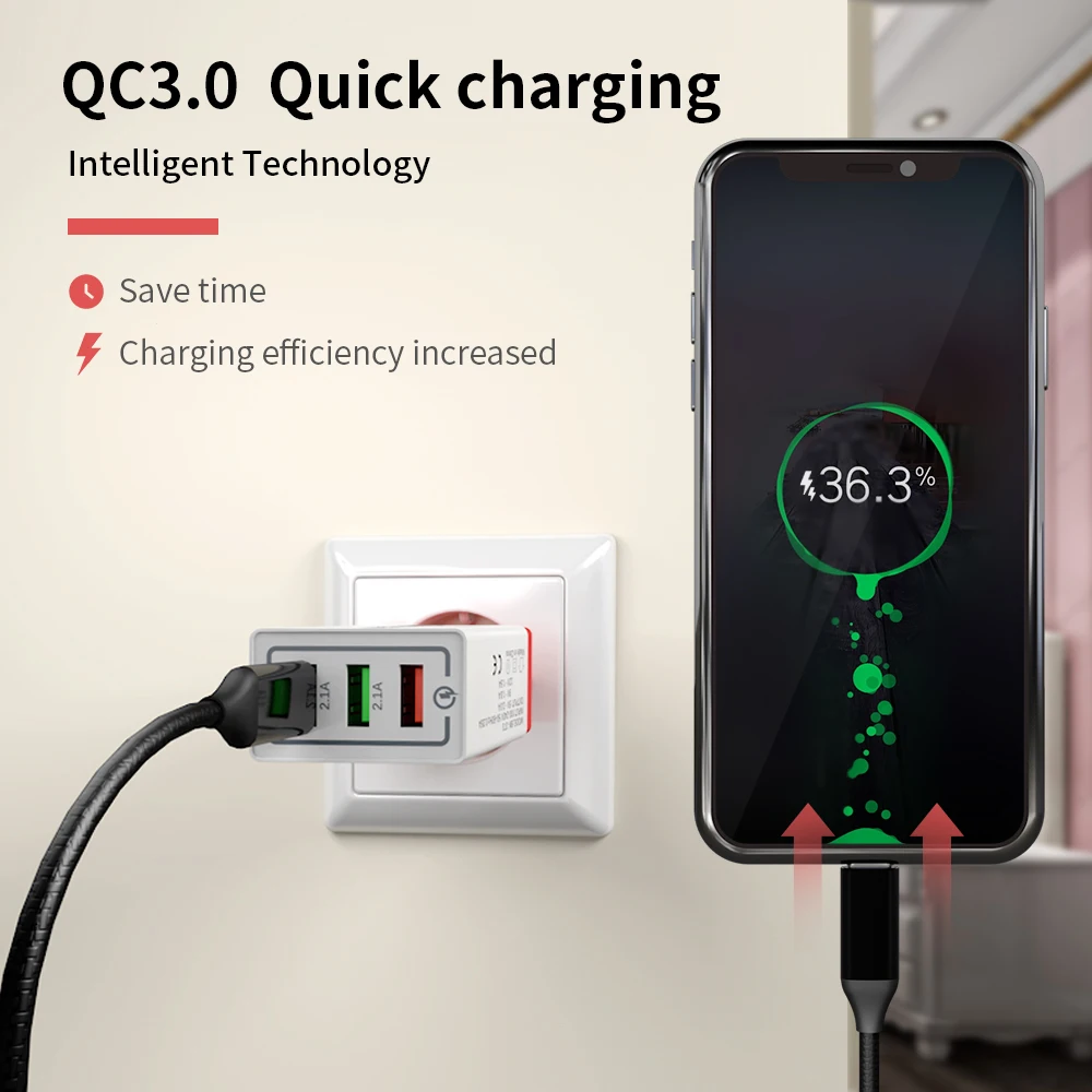 18 Вт USB зарядное устройство Quick Charge 3,0 5 в 3 А EU US Разъем для iPhone X 8 7 3 порта быстрое настенное зарядное устройство для samsung s8 s9 s10 huawei P20 30