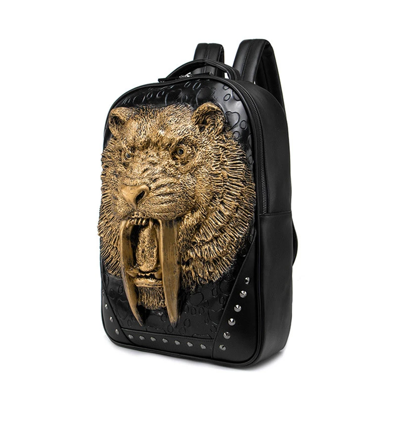 Модный Мужской черный/Золотой/Серебряный ретро кожаный рюкзак с объемным изображением короля льва тигра из искусственной кожи с заклепками, дорожная сумка для ноутбука в стиле панк
