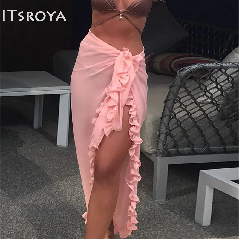 

Itsroya Women Summer Vestidos Chiffon Swimwear Cover Up New Irregular Wooden Ear Tie Waist Sexy Beach Bikini Swimwear Cover Up