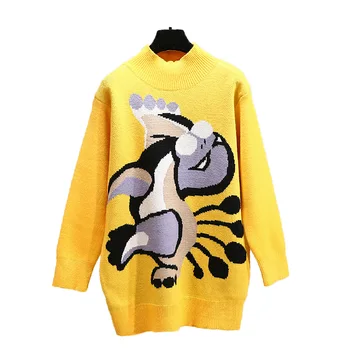

Jacquard Cartoon Pullovers Women Casual Loose Spring Autumn Female Sweater Knitted Tops Lemon Yellow Sueter Mujer T70429