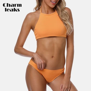 Charmleaks Women Bikini Set Collar Halter Swimwear Solid Color Swimsuit Backless Bathing Suit Beachwear Sexy Bikini stylish solid color beads embellished halter bikini set for women