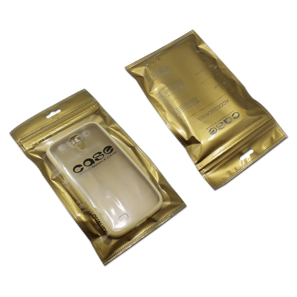

11*20cm Gold Mobile Phone Case Cover Packaging Bag For iPhone 4 4S 5 5S 6 Plastic Ziplock Phone Case Pack Pouch With Hang Hole