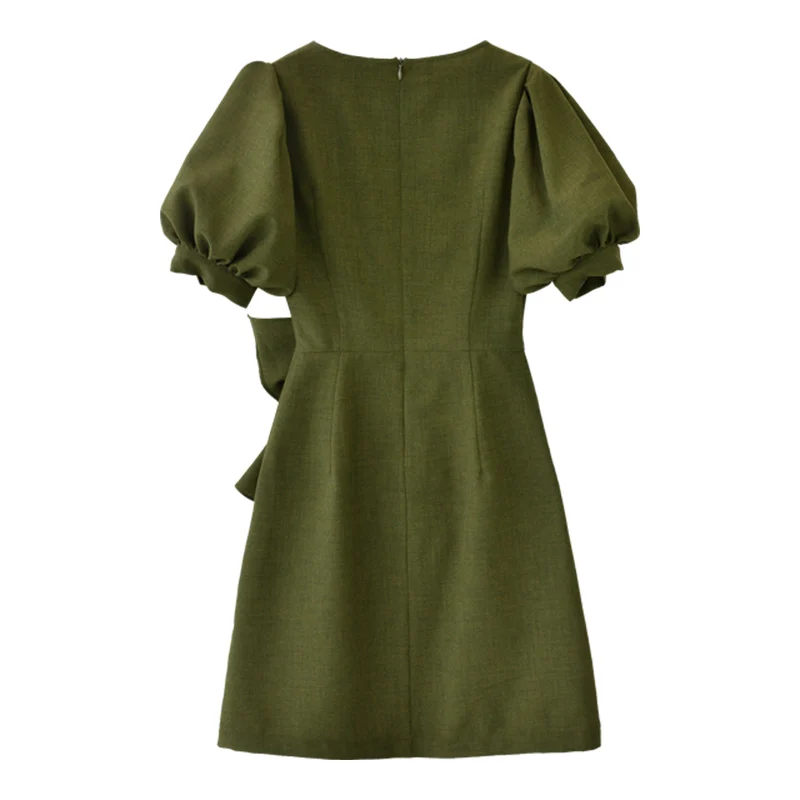  Dabuwawa Summer New OL Style Elegant Temperament Dress Women Army Green V-Neck Lantern Sleeve Dress