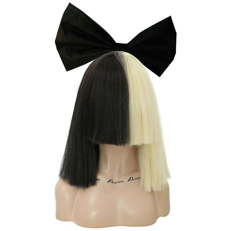 

Bowknot + Half Blonde And Black Flat Bangs Sia Straight Yaki Style Synthetic Cospaly Wig For Party +Hair Cap