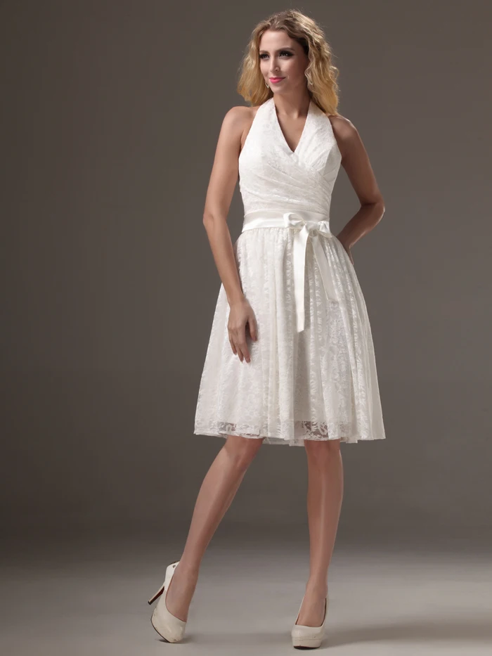 New Short Ivory Lace Wedding Dresses Halter Knee Length