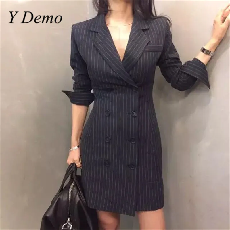

Y Demo New Women's Stripe Double Row Buckle OL Slim Dress Fashion Clothings