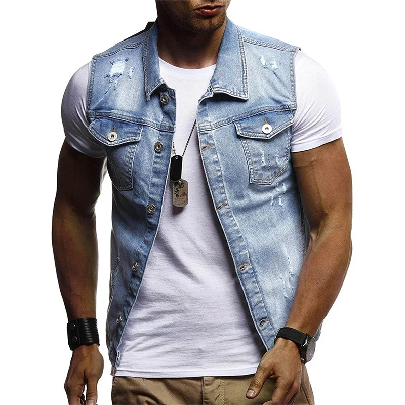 Men's Solid Color Short Sleeve Jacket Men's Casual Comfort Korean Lapel Stand Collar Denim