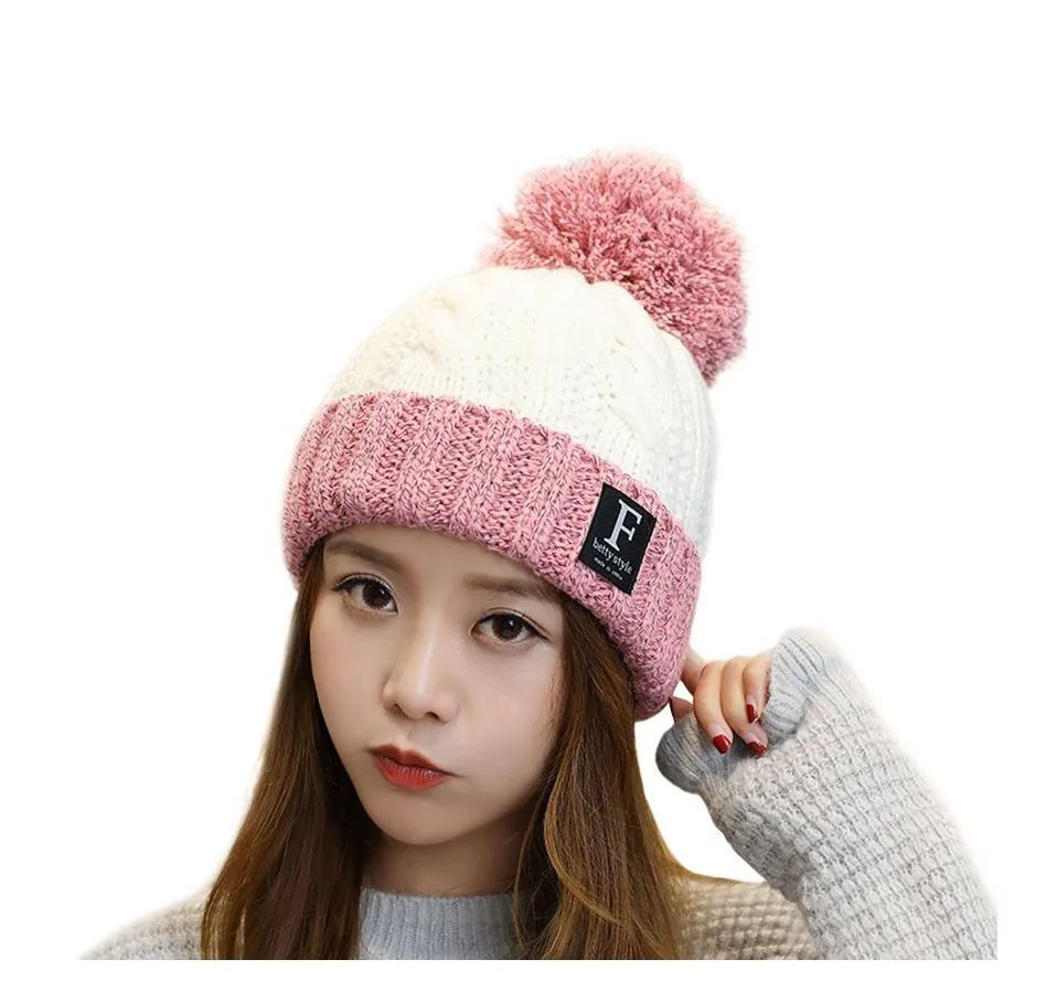 Winter Keep Warm Knitted Hat Women Outdoor Warm Double Color Cap Female Creative Pompom Decoration Cap Beanies