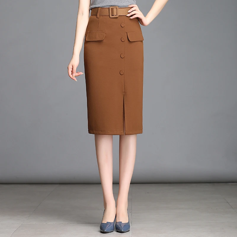 LXUNYI летняя юбка-карандаш для женщин Высокая талия Мода размера плюс тонкий миди офисные юбки пуговицы карман элегантная женская юбка