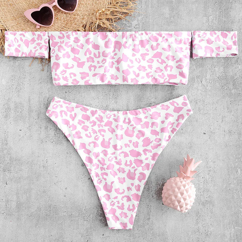 

2019 New Bikinis Swimwear Women Sexy Pink Bandeau Leopard Bikini set High Leg Biquini Swimsuit Swimming Suit For Women