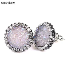 Серьги ShinyGem с кубическим цирконием друзы, большие круглые серьги с натуральным кристаллом и опалом, модные 925 пробы серебряные серьги-гвоздики для женщин