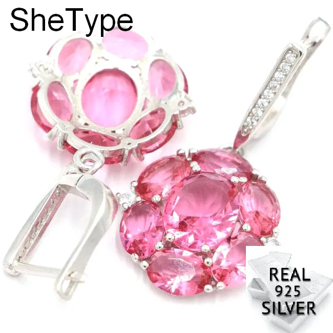 

Elegant 7.03g Pink Tourmaline White CZ Gift For Woman's 925 Solid Sterling Silver Earrings 36x28mm