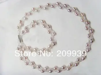 

huij 002289 PURPLE NATURAL FRESHWATER PEARL FASHION JEWELRY SET NECKLACE & BRACELT 5-6mm
