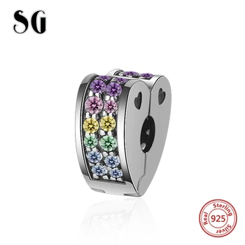 

New Arrivals 925 Sterling silver Elegance Clip Charm Colorful Clear CZ heart Clip Beads Fit Europe Bracelets for Women Gift