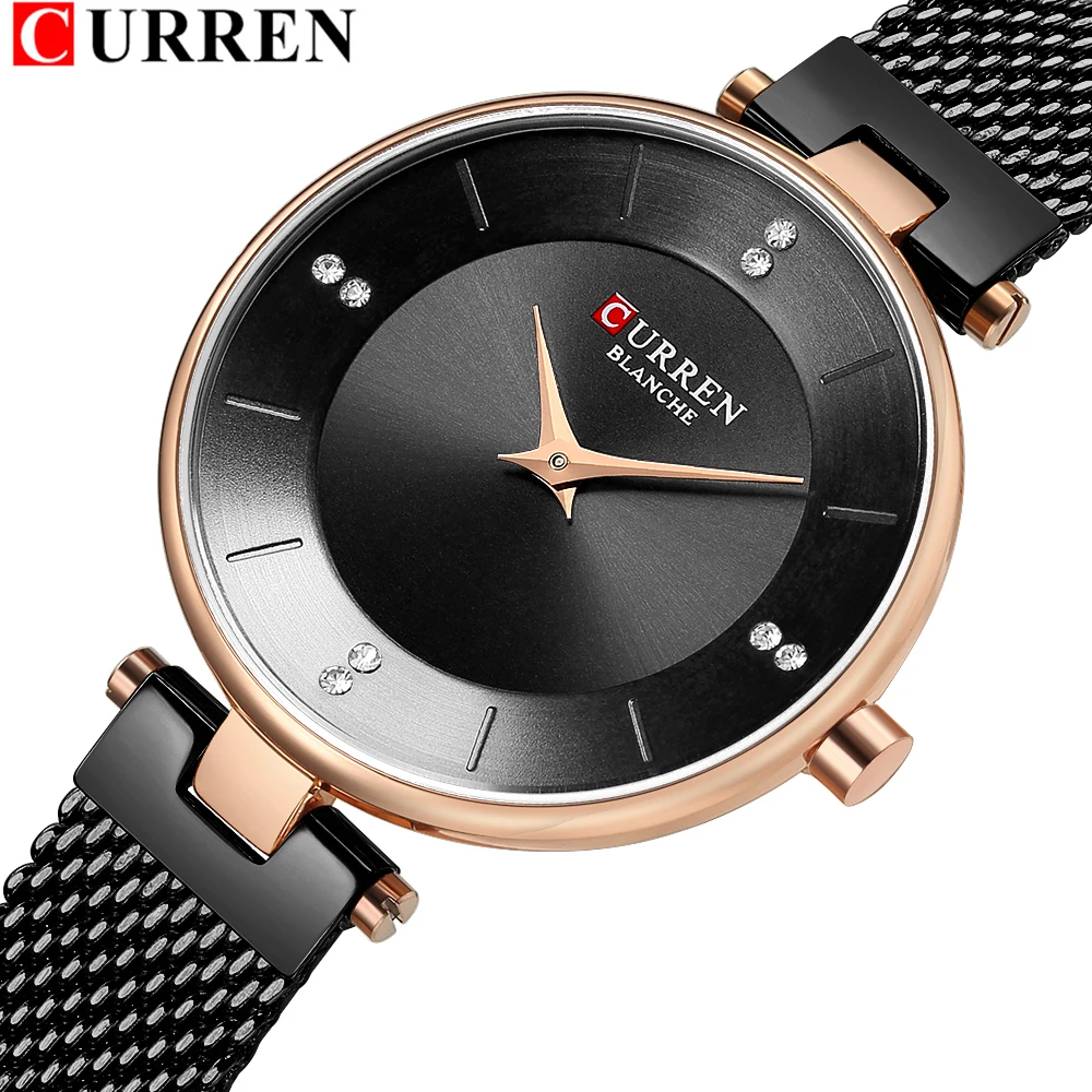 

Classic Black Ladies Watches With Rhinestone Women's Fashion Steel Mesh Watch CURREN Female Wristwatch Dress Quartz Clock Gift