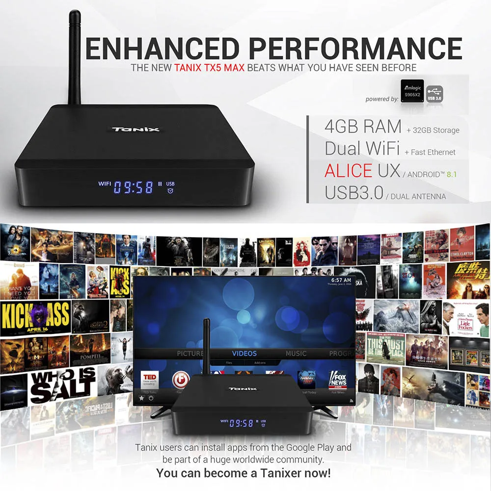 Tanix TX5 ماكس التلفزيون مربع الروبوت 8.1 Amlogic S905X2 4 GB LPDDR3 + 32 GB EMMC 2.4 GHz + 5 GHz WiFi BT4.2 دعم 4 K H.265 مجموعة أعلى مربع