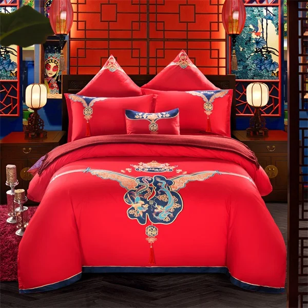 Традиционное китайское свадебное постельное белье набор Королева Король Размер тематика "Счастье для двоих" Дракон Феникс павлин вышитые хлопковые пододеяльники - Цвет: 2