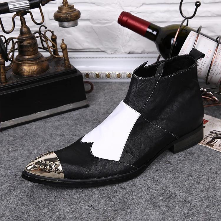 Luxury Brand Italian Leather Shoes Man Pointed Toe Metal Tip Burgundy Dress Wedding Shoes Studded Boots