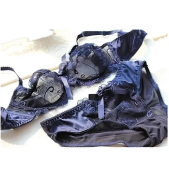 

Womens Bra & Brief Sets Flower Gauze Lace Embroidery Ultra-thin Transparent Ladies Sexy Bra Navy Blue Black Women Underwear Set