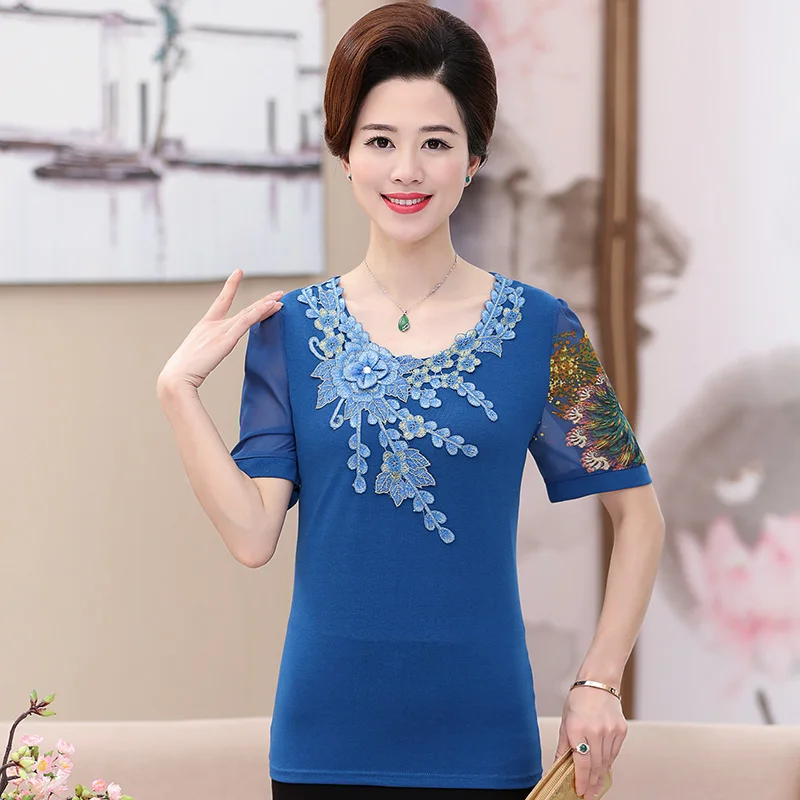 

NIFULLAN 2019 Summer New Women Clothing Chiffon Short Sleeve Pullover Top Embroidered O-neck Tee Shirt Femme Plus Size T-shirt