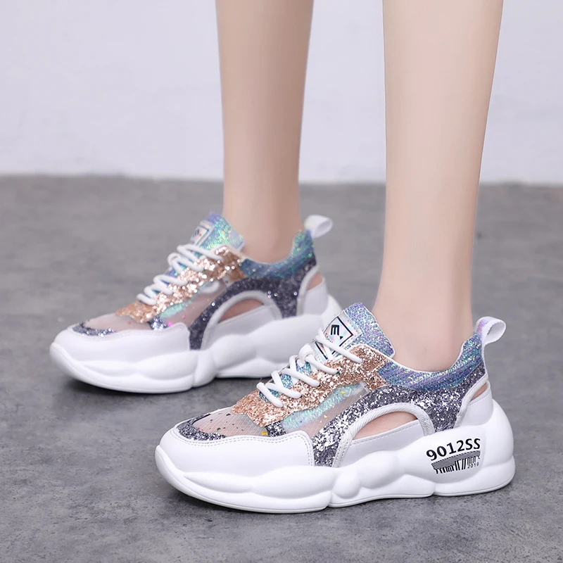 

Rimocy flat platform sandals women glitter cut out breathable chunky sneakers woman 2019 summer mesh tenis feminino casual flats