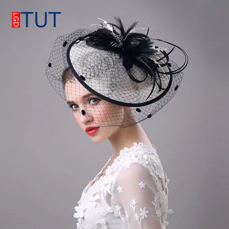 Bridal Bowler Prom Party Feather Net Yarn Linen Hat Wedding Hat Elegant