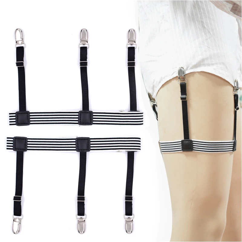 

2pcs Mens Shirt Stays Garters Belt Holders with Non-slip Locking Clamps black white stripes leather Shirt Stays Belts Suspenders