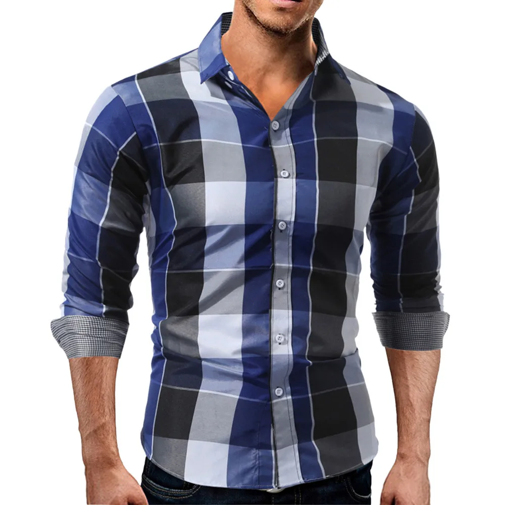 FeiTong Red Blue Plaid Shirt Men Shirts 2018 Autumn Fashion Chemise ...