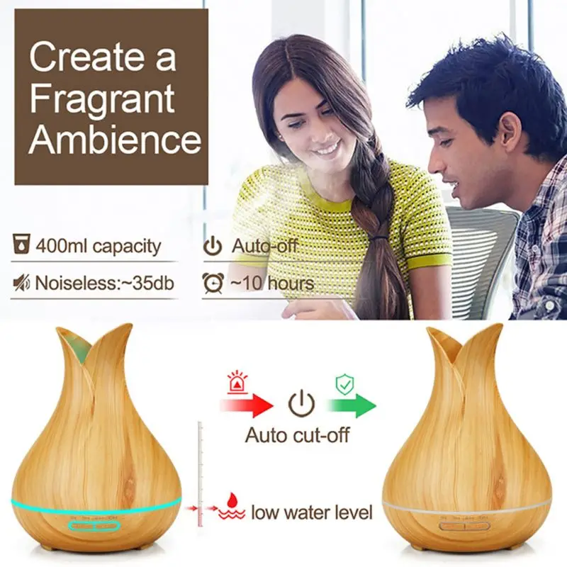 

400ml Wood Grain Ultrasonic Essential Oil Diffuser Light Auto Cut-off Aroma Aromatherapy Fine Fog Humidifier Anti Slip Base Room