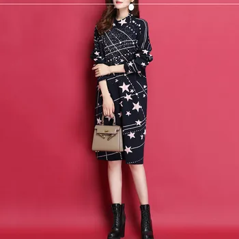 

Autumn Loose Dress print Long Women Elegant Wool Sweater Pullover 2019 New Half Turtleneck Knit Sweater Dress Female Winter NO66