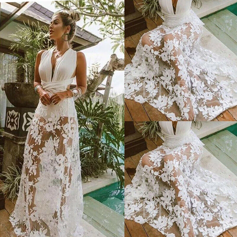 

2019 New Sexy Women Lace Print Floral Deep V-Neck Maxi Dress Clubwear Summer Boho Sleeveless Beach Dress Sundress
