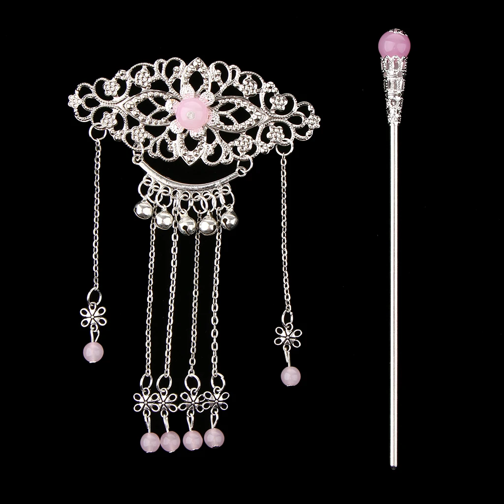 Womens Retro Traditional Chinese Wedding Floral Tassels Bells Hair Stick Chignon Chopsticks Headwear Jewelry