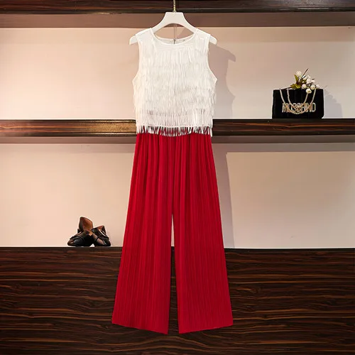 SMTHMA Женская одежда из двух частей, белый жилет без рукавов с кисточками и плиссированные широкие брюки, комплекты летней одежды - Цвет: Photo Color
