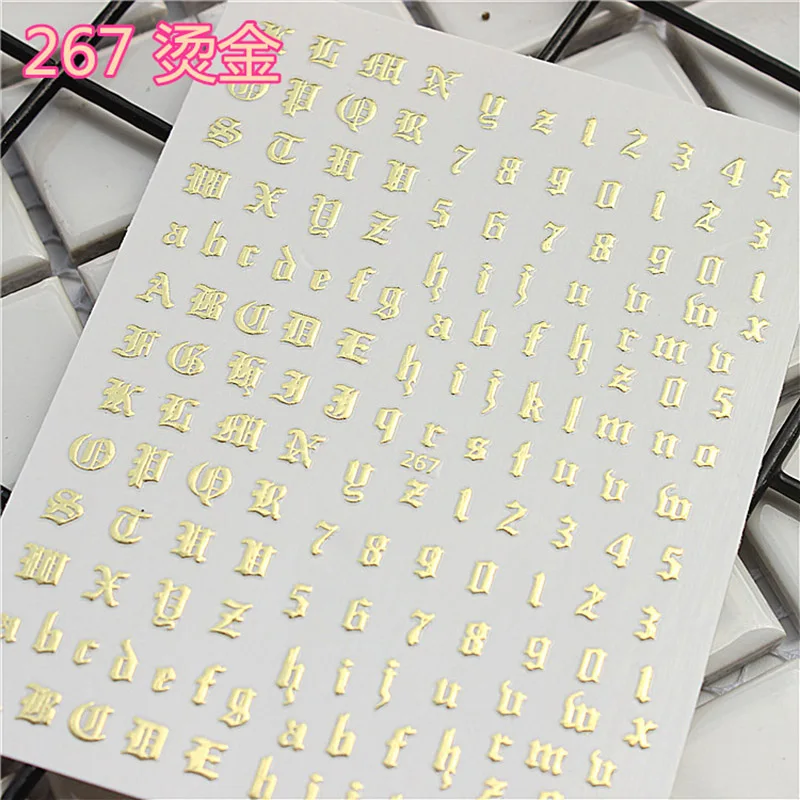 1 sheet Gold/black 3d Nail Art Sticker Nail Decal Gothic font English alphabet Words Character Nail Adhesive Sticker Decals 2019