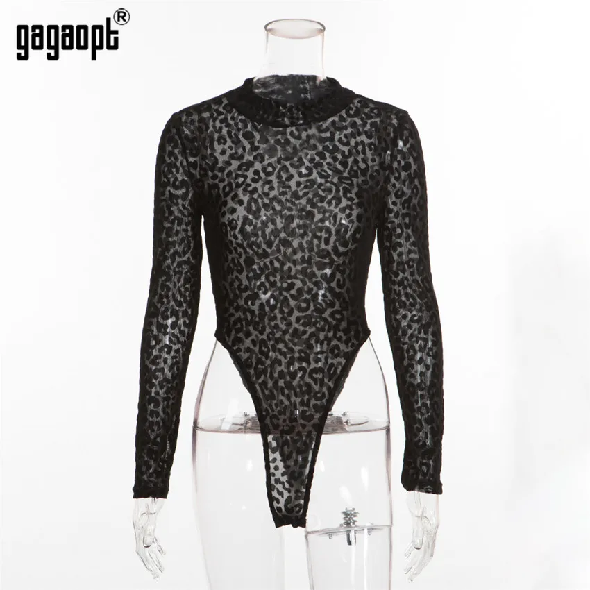 Gagaopt Leopard Bodysuit Long Sleeve Sexy Bodysuit Women Black Fashion Animal Print Mesh Bodysuit Jumpsuit Overalls Streetwear