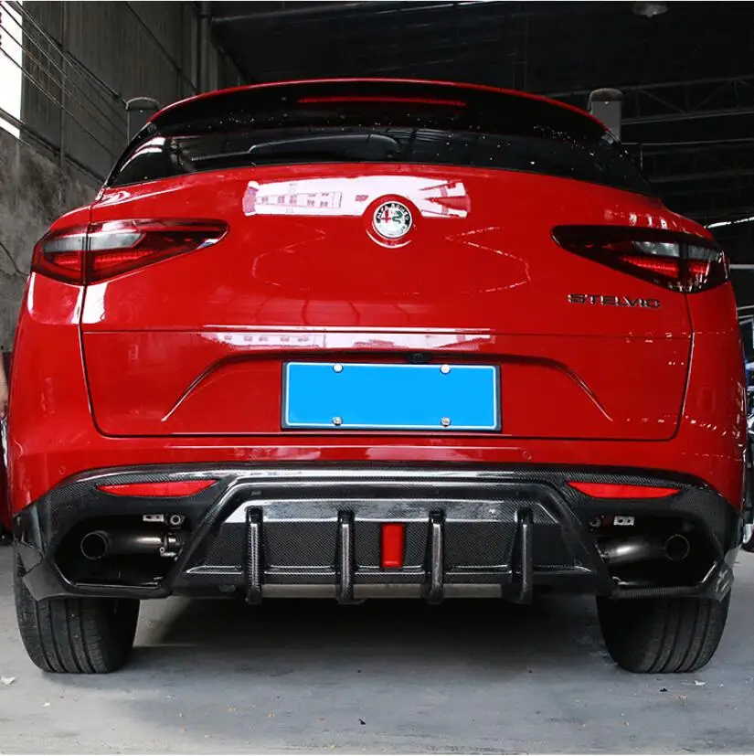 

Carbon Finber 4 Outlet Car Rear Bumper Diffuser Splitters Spoiler Lip With Exhaust Tips For Alfa Romeo Stelvio 2017 2018 2019