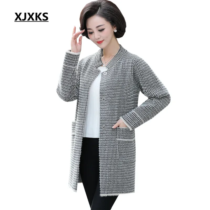 

XJXKS Autumn Winter Fashion Woolen Coats Winter Tops Woolen Coat Women Middle-aged Faux Mink Cashmere Outwear Long Coat
