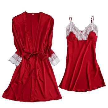 

Summer Style Women's Robe & Gown Set Free Shipping 2019 Size M L XL Bathrobe + Nightdress Two Pieces Satin Sleepwear Hot